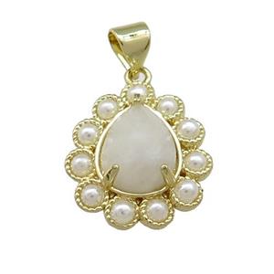 Copper Teardrop Pendant Pave White Moonstone Pearlized Resin Gold Plated, approx 16-18mm [GM20981]