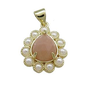 Copper Teardrop Pendant Pave Peach Sunstone Pearlized Resin Gold Plated, approx 16-18mm [GM20983]