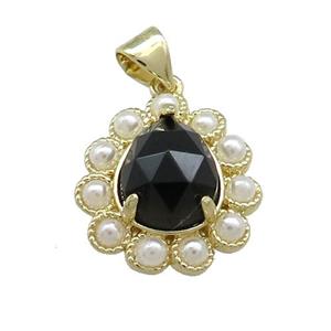 Copper Teardrop Pendant Pave Black Onyx Pearlized Resin Gold Plated, approx 16-18mm [GM20984]