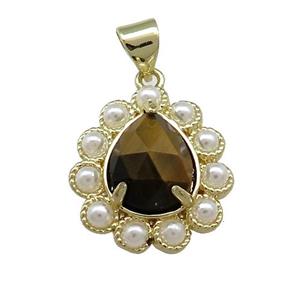 Copper Teardrop Pendant Pave Tiger Eye Stone Pearlized Resin Gold Plated, approx 16-18mm [GM20988]