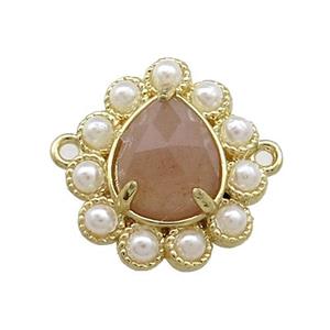 Copper Teardrop Connector Pave Peach Sunstone Pearlized Resin Gold Plated, approx 16-18mm [GM20998]