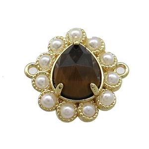 Copper Teardrop Connector Pave Tiger Eye Stone Pearlized Resin Gold Plated, approx 16-18mm [GM21004]