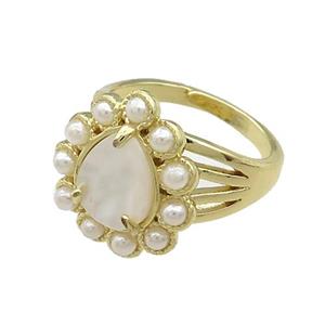 Copper Teardrop Rings Pave White Shell Pearlized Resin Adjustable Gold Plated, approx 16-18mm, 18mm dia [GM21011]