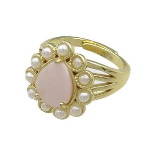 Copper Teardrop Rings Pave Pink Queen Shell Pearlized Resin Adjustable Gold Plated, approx 16-18mm, 18mm dia [GM21012]