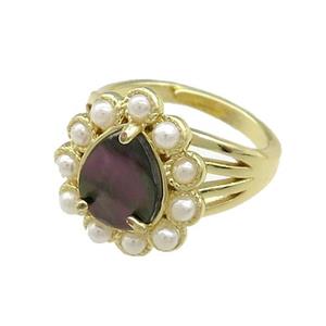 Copper Teardrop Rings Pave Gray Abalone Shell Pearlized Resin Adjustable Gold Plated, approx 16-18mm, 18mm dia [GM21013]