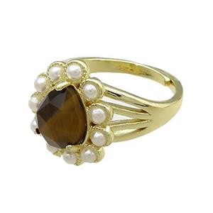 Copper Teardrop Rings Pave Tiger Eye Stone Pearlized Resin Adjustable Gold Plated, approx 16-18mm, 18mm dia [GM21021]