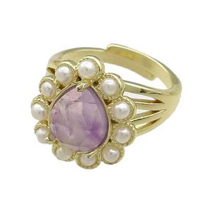 Copper Teardrop Rings Pave Amethyst Pearlized Resin Adjustable Gold Plated, approx 16-18mm, 18mm dia [GM21023]