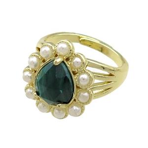 Copper Teardrop Rings Pave Malachite Pearlized Resin Adjustable Gold Plated, approx 16-18mm, 18mm dia [GM21025]