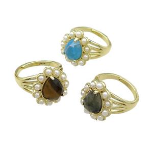Copper Teardrop Rings Pave Gemstone Pearlized Resin Adjustable Gold Plated Mixed, approx 16-18mm, 18mm dia [GM21026]