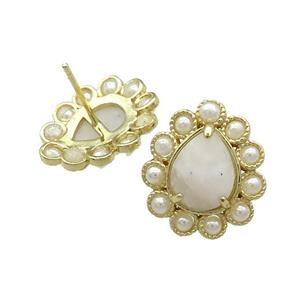 Copper Teardrop Stud Earrings Pave White Moonstone Pearlized Resin Gold Plated, approx 16-18mm [GM21030]