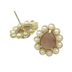 Copper Teardrop Stud Earrings Pave Peach Sunstone Pearlized Resin Gold Plated, approx 16-18mm [GM21032]
