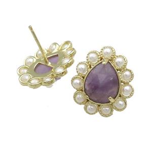 Copper Teardrop Stud Earrings Pave Purple Amethyst Pearlized Resin Gold Plated, approx 16-18mm [GM21037]