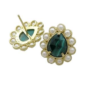 Copper Teardrop Stud Earrings Pave Green Malachite Pearlized Resin Gold Plated, approx 16-18mm [GM21038]