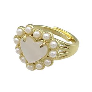 Copper Heart Rings Pave White Shell Pearlized Resin Adjustable Gold Plated, approx 18mm, 18mm dia [GM21052]