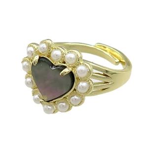 Copper Heart Rings Pave Gray Abalone Shell Pearlized Resin Adjustable Gold Plated, approx 18mm, 18mm dia [GM21053]