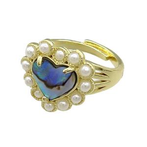 Copper Heart Rings Pave Abalone Shell Pearlized Resin Adjustable Gold Plated, approx 18mm, 18mm dia [GM21054]