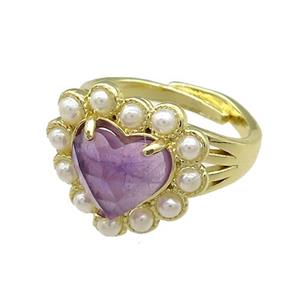 Copper Heart Rings Pave Amethyst Pearlized Resin Adjustable Gold Plated, approx 18mm, 18mm dia [GM21059]