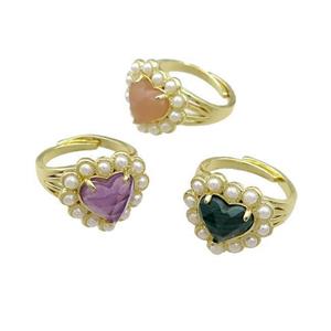 Copper Heart Rings Pave Gemstone Pearlized Resin Mixed Adjustable Gold Plated, approx 18mm, 18mm dia [GM21061]