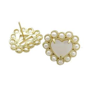 Copper Heart Stud Earring Pave White Shell Pearlized Resin Gold Plated, approx 18mm [GM21062]