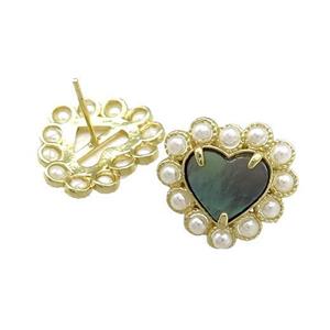 Copper Heart Stud Earring Pave Gray Abalone Shell Pearlized Resin Gold Plated, approx 18mm [GM21063]