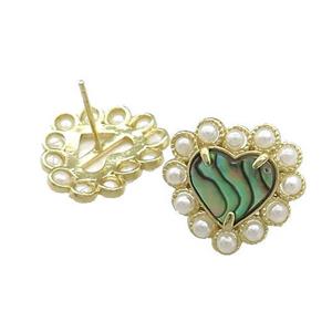 Copper Heart Stud Earring Pave Abalone Shell Pearlized Resin Gold Plated, approx 18mm [GM21064]