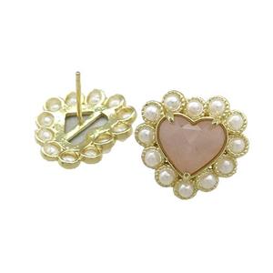 Copper Heart Stud Earring Pave Peach Sunstone Pearlized Resin Gold Plated, approx 18mm [GM21065]