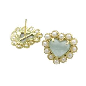 Copper Heart Stud Earring Pave Aquamarine Pearlized Resin Gold Plated, approx 18mm [GM21066]