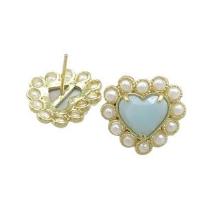 Copper Heart Stud Earring Pave Blue Amazonite Pearlized Resin Gold Plated, approx 18mm [GM21067]