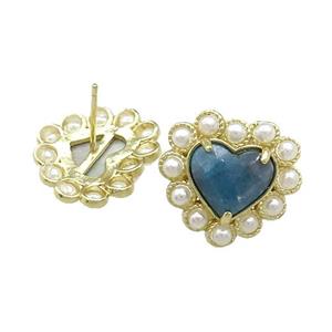 Copper Heart Stud Earring Pave Apatite Pearlized Resin Gold Plated, approx 18mm [GM21069]