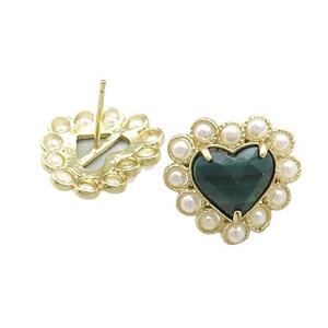 Copper Heart Stud Earring Pave Malachite Pearlized Resin Gold Plated, approx 18mm [GM21070]