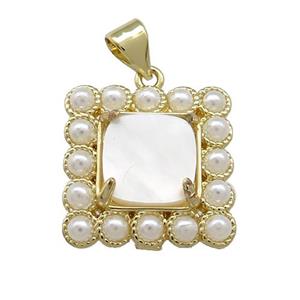 Copper Square Pendant Pave White Shell Pearlized Resin Gold Plated, approx 17x17mm [GM21071]