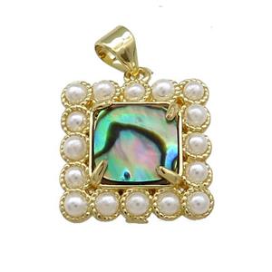 Copper Square Pendant Pave Abalone Shell Pearlized Resin Gold Plated, approx 17x17mm [GM21074]