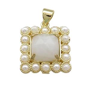 Copper Square Pendant Pave White Moonstone Pearlized Resin Gold Plated, approx 17x17mm [GM21075]
