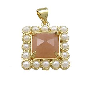Copper Square Pendant Pave Peach Sunstone Pearlized Resin Gold Plated, approx 17x17mm [GM21076]
