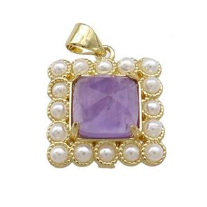 Copper Square Pendant Pave Amethyst Pearlized Resin Gold Plated, approx 17x17mm [GM21080]