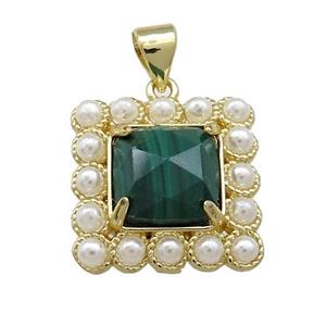 Copper Square Pendant Pave Malachite Pearlized Resin Gold Plated, approx 17x17mm [GM21081]