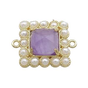 Copper Square Connector Pave Amethyst Pearlized Resin Gold Plated, approx 17x17mm [GM21094]