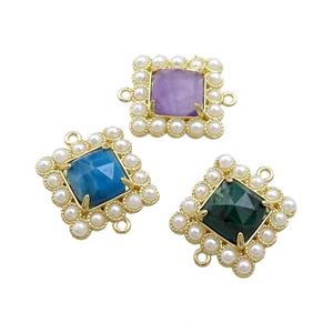 Copper Square Connector Pave Gemstone Pearlized Resin Mixed Gold Plated, approx 17x17mm [GM21097]