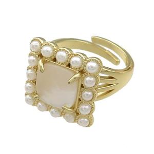 Copper Rings Pave White Shell Pearlized Resin Square Adjustable Gold Plated, approx 17x17mm, 18mm dia [GM21098]