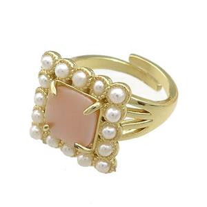 Copper Rings Pave Pink Queen Shell Pearlized Resin Square Adjustable Gold Plated, approx 17x17mm, 18mm dia [GM21099]