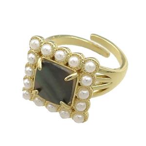 Copper Rings Pave Gray Abalone Shell Pearlized Resin Square Adjustable Gold Plated, approx 17x17mm, 18mm dia [GM21100]