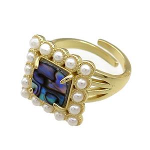Copper Rings Pave Abalone Shell Pearlized Resin Square Adjustable Gold Plated, approx 17x17mm, 18mm dia [GM21101]
