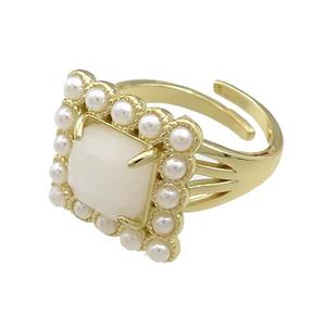 Copper Rings Pave White Moonstone Pearlized Resin Square Adjustable Gold Plated, approx 17x17mm, 18mm dia [GM21102]