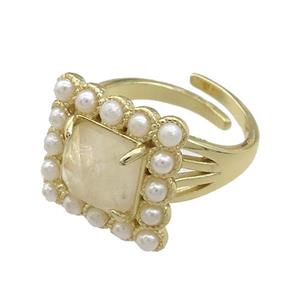Copper Rings Pave Citrine Pearlized Resin Square Adjustable Gold Plated, approx 17x17mm, 18mm dia [GM21106]