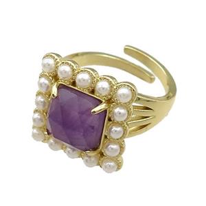 Copper Rings Pave Amethyst Pearlized Resin Square Adjustable Gold Plated, approx 17x17mm, 18mm dia [GM21109]