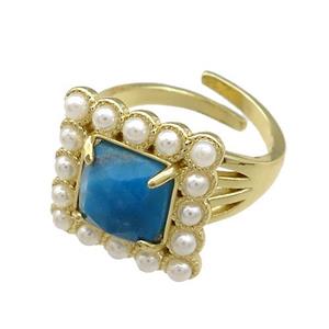 Copper Rings Pave Blue Apatite Pearlized Resin Square Adjustable Gold Plated, approx 17x17mm, 18mm dia [GM21110]