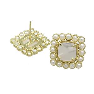 Copper Stud Earrings Pave White Shell Pearlized Resin Square Gold Plated, approx 17x17mm [GM21113]