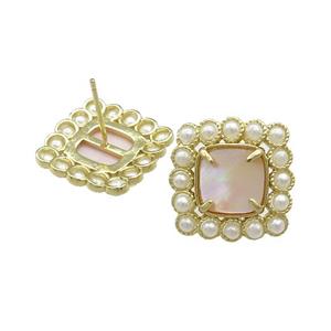 Copper Stud Earrings Pave Pink Queen Shell Pearlized Resin Square Gold Plated, approx 17x17mm [GM21114]