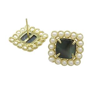 Copper Stud Earrings Pave Gray Abalone Shell Pearlized Resin Square Gold Plated, approx 17x17mm [GM21115]