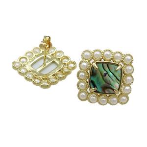 Copper Stud Earrings Pave Abalone Shell Pearlized Resin Square Gold Plated, approx 17x17mm [GM21116]